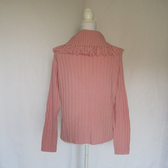 Woman’s Wide Collar Fringe Light Pink Ribbed Long Sleeves Knit Sweater L - Picture 3 of 4